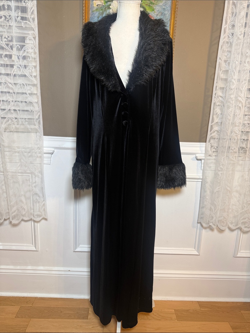 Vintage 90s Susan Ross Black Velvet Faux Fur Maxi Duster Coat L